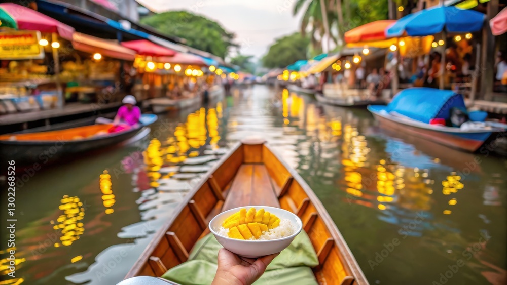 Fototapeta premium Foodie travel culinary adventure concept. Vibrant market scene on a river with a person holding a bowl of food in a boat.