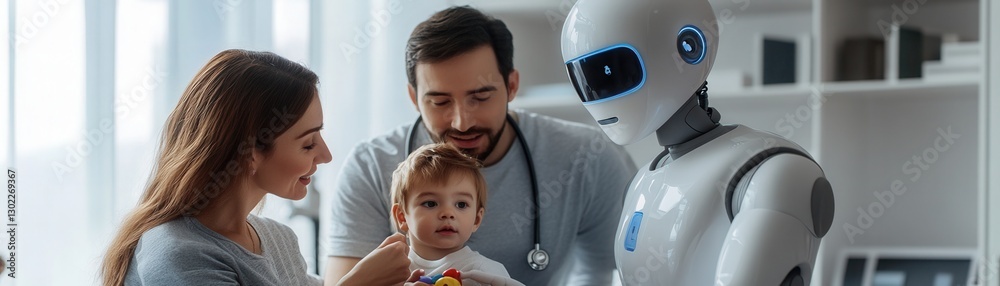 futuristic robot concept.A family interacts with a humanoid robot in a modern setting, highlighting the integration of technology in healthcare and parenting. futuristic robot concept.A family interacts with a humanoid robot in a modern setting, highlighting the integration of technology in healthcare and parenting.