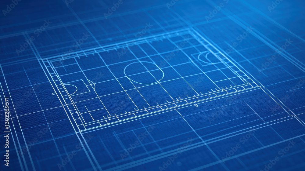 Fototapeta premium detailed blueprint of sports stadium layout, showcasing field design and dimensions. This energetic illustration highlights structure planning and architectural elements