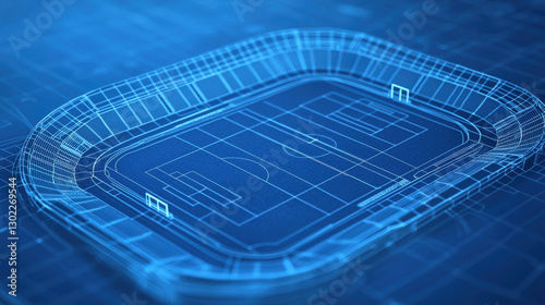 detailed 3D blueprint of sports stadium, showcasing its layout and design elements in vibrant blue color scheme. energetic design highlights field and seating arrangement