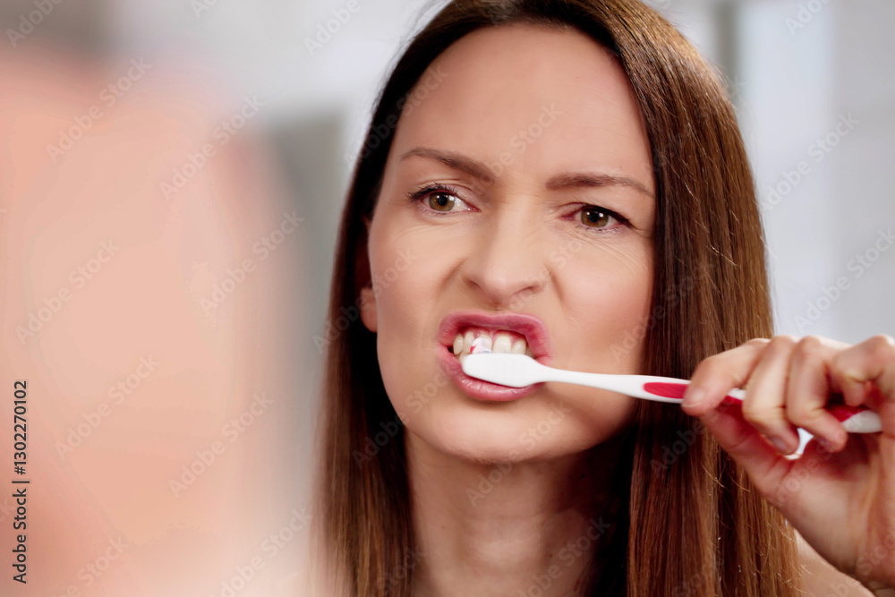 Daily dental care: Young woman brushing teeth Daily dental care: Young woman brushing teeth