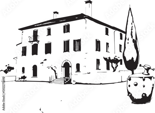 Black and white illustration of italian house. old house in region country. rural european villa isolated on white. vintage sketch of european country house. Pen and Ink Illustration. Illustration