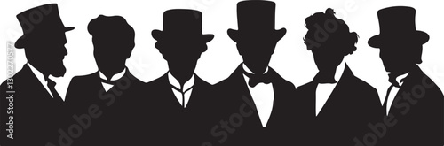 Group of silhouetted figures in tuxedos and hats in vector design for fashion, formal events, and party illustrations