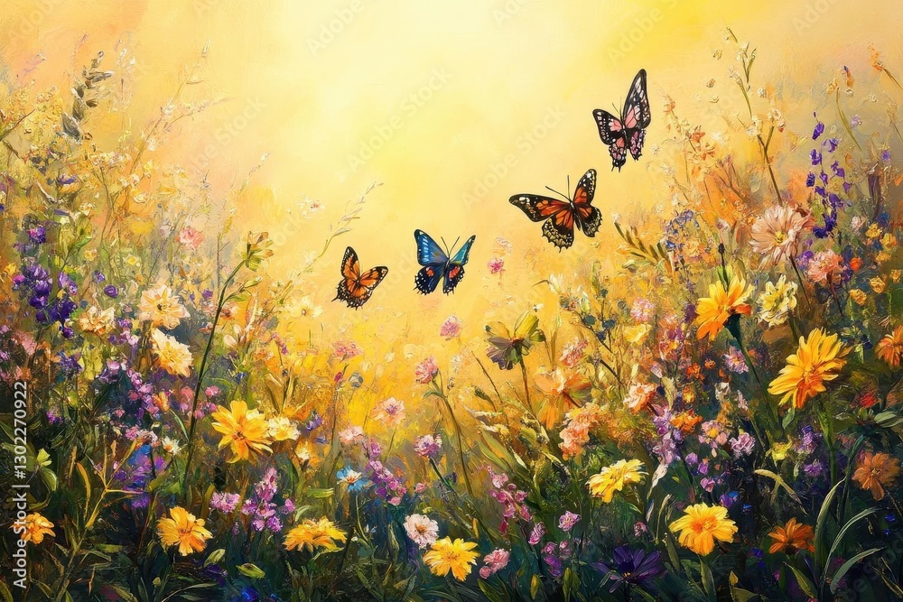 custom made wallpaper toronto digitalvibrant spring meadow bursting with colorful wildflowers in golden sunlight, butterflies dancing above dewy grass, creating a tapestry of yellows, purples, and greens