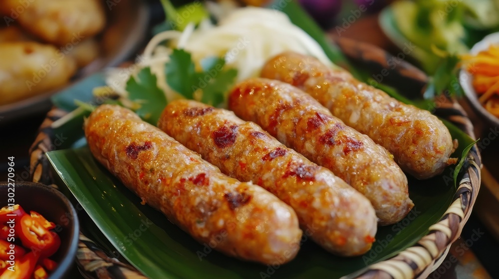 Delicious grilled sausages served on a banana leaf, perfect for a gourmet meal. Delicious grilled sausages served on a banana leaf, perfect for a gourmet meal.