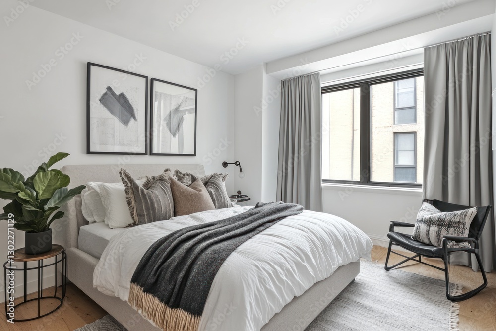 Fototapeta premium Modern bedroom interior with large windows, comfy bed, and stylish decor.