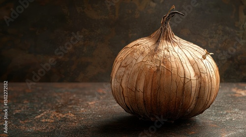 A macro shot of a single garlic bulb with its papery skin, set on a dark, textured background.