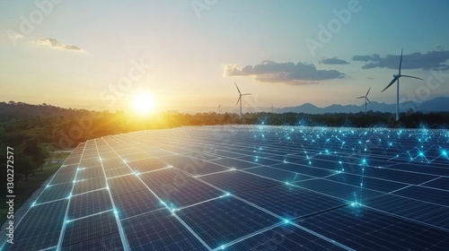 Sunset over a vast solar farm and wind turbines, showcasing renewable energy and technological advancement