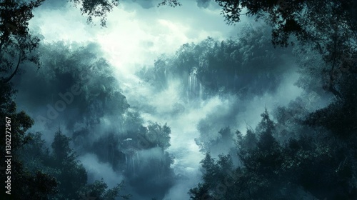Enchanted Forest: Mystical Waterfall in a Dreamlike Landscape