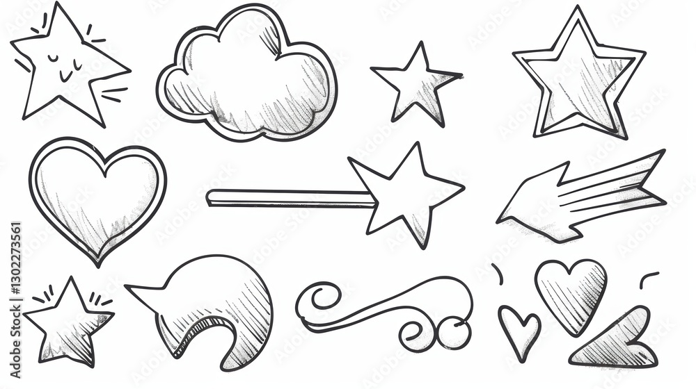 Hand - Drawn Doodle Sketch Style Vector Illustration: Arrow, Star, Heart, Circle, Cloud, Speech Bubble, and Grunge Element Set Hand - Drawn Doodle Sketch Style Vector Illustration: Arrow, Star, Heart, Circle, Cloud, Speech Bubble, and Grunge Element Set