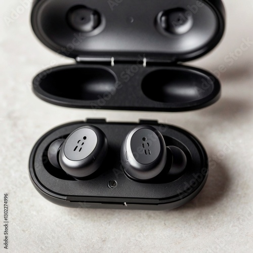 Wireless earbuds inside their charging case, isolated on a white surface.
