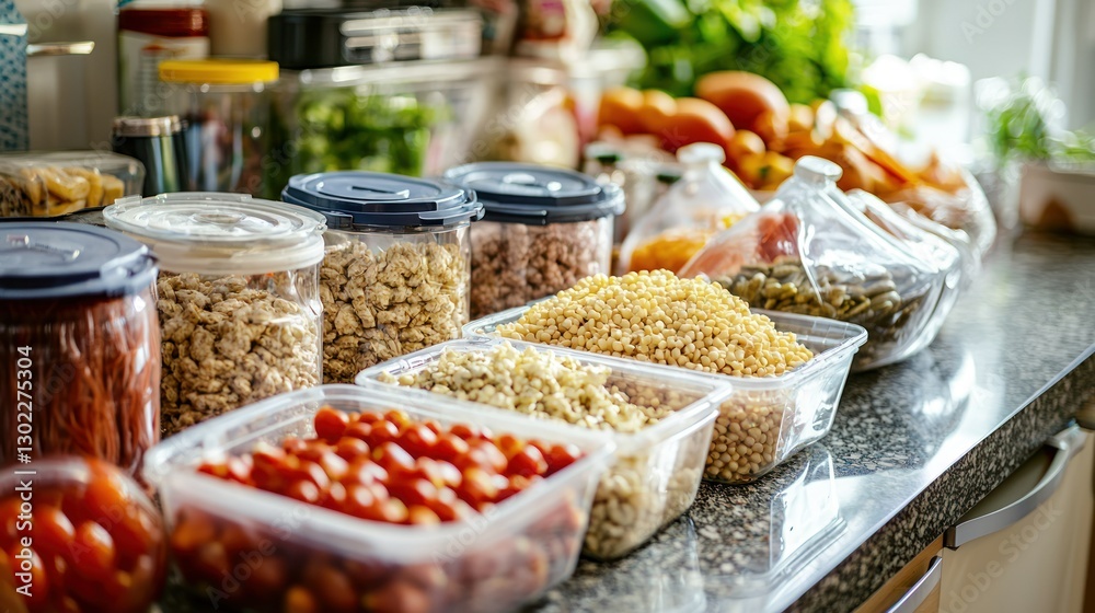 An assortment of bulk groceries displayed on a kitchen counter, ready for storage. An assortment of bulk groceries displayed on a kitchen counter, ready for storage.