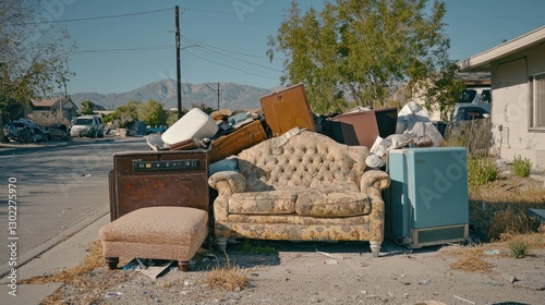 A pile of bulk trash items like furniture and old appliances on a curbside.