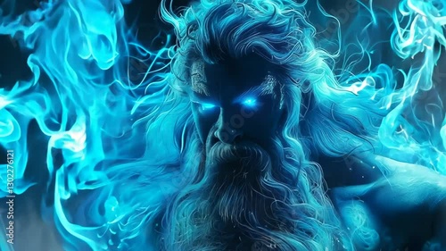 Powerful Blue Zeus God Surrounded by Mystical Fire and Thunder Elements