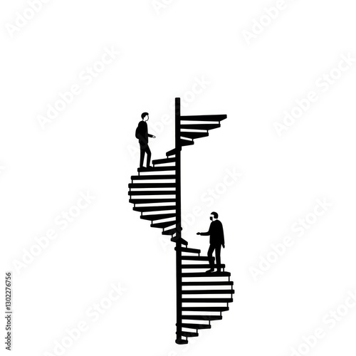 Minimalist black-and-white illustration of two silhouetted figures on a spiral staircase creating an optical illusion.
