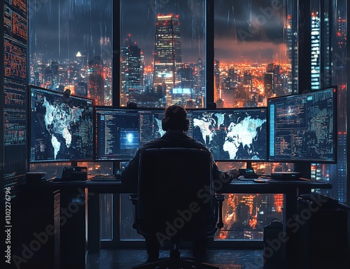 A Lone Figure, Silhouetted Against A Rain-swept Futuristic Cityscape, Intensely Monitors Global Networks From A High-rise Office, Illuminated By The Vibrant Glow Of Multiple Screens