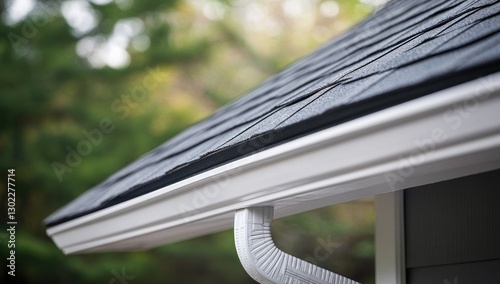 Close-up of a pristine white gutter system seamlessly integrated with a dark grey asphalt shingle roof, showcasing excellent home maintenance and aesthetic appeal.