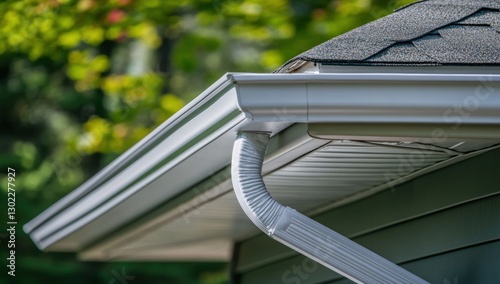 Modern Home Exterior Detail: Seamless White Gutters and Dark Grey Siding