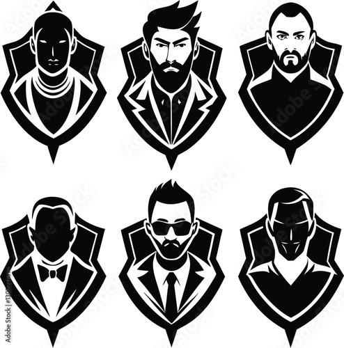 Various gentleman silhouettes with beards and suits in vector design for fashion and style