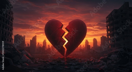 A surreal digital artwork of a broken heart filled with buildings set in an apocalyptic sunset cityscape.