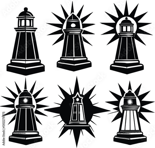 Various lighthouse silhouettes with rays in vector design for nautical and maritime themes