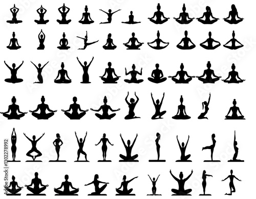 Set of yoga poses vector icons with black silhouettes, perfect for creative projects, graphic design and fitness for sustainable health