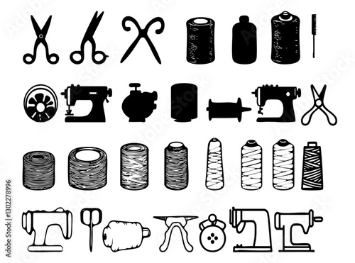 Sewing Vector Icon Set. Flat design includes scissors with sewing needles in handles, embroidery floss textures, etc. Perfect for creative projects, graphic design, and needlework.