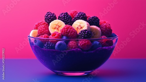 A vibrant bowl of mixed berries and banana slices against a colorful backdrop, showcasing a healthy and appetizing fruit display.