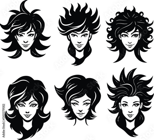 Various women’s hairstyles silhouettes in vector design for fashion and beauty