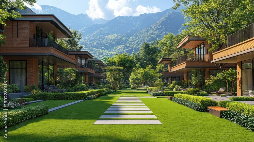 Mountain resort homes, landscaped walkway, green lawns, sunny day Mountain resort homes, landscaped walkway, green lawns, sunny day