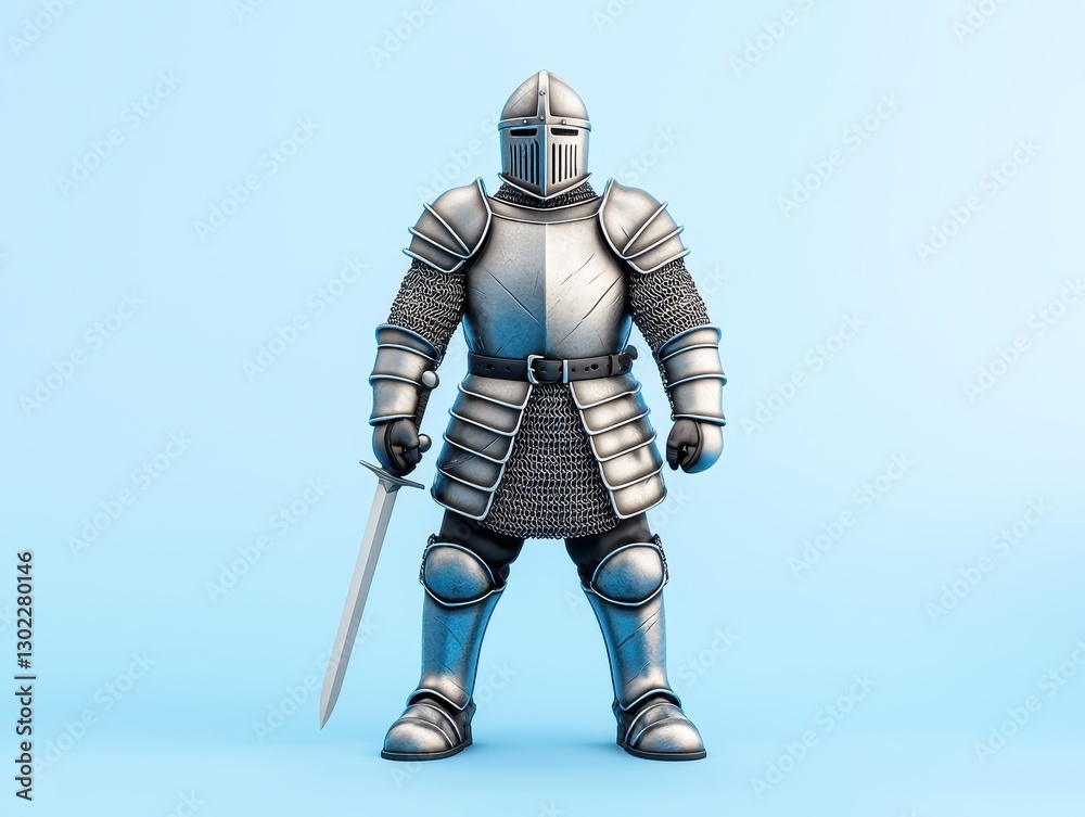 Knight in shining armor standing confidently with a sword against a soft blue backdrop Knight in shining armor standing confidently with a sword against a soft blue backdrop