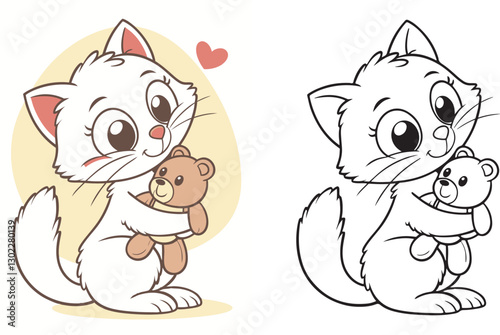 A fluffy kitten cuddling a tiny teddy bear with love.