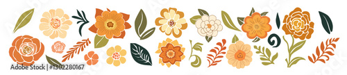 Set of hand drawn floral design elements in folklore style. Wild and garden flowers, leaves. Contemporary modern vector botanical art illustrations in trendy colors isolated