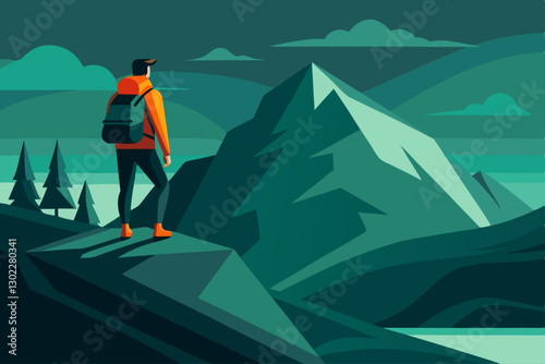 Lone Hiker Standing on Mountain Peak – Adventure & Exploration Concept
