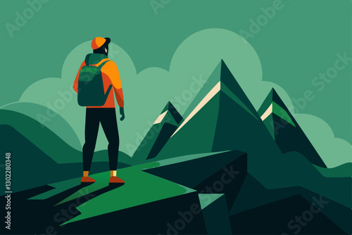 Lone Hiker Standing on Mountain Peak – Adventure & Exploration Concept