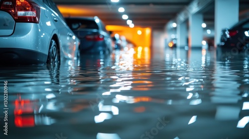 Flooded Parking Garage: Submerged Cars in Urban Parking Lot