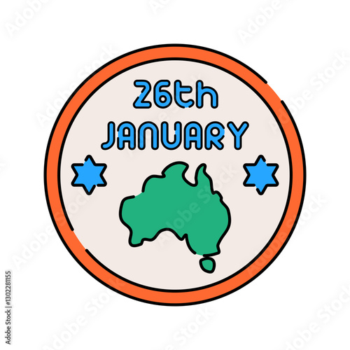 Australia Day Badge Flat design style, circular emblem with 26th January and Australia map, symbolizing Australia Day, great for holiday promotions, event posters, and national pride content.