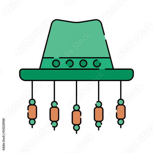 Akubra Hat Flat design style, green outback hat with hanging corks, symbolizing Australian bush culture, ideal for adventure graphics, country themes, and travel content.