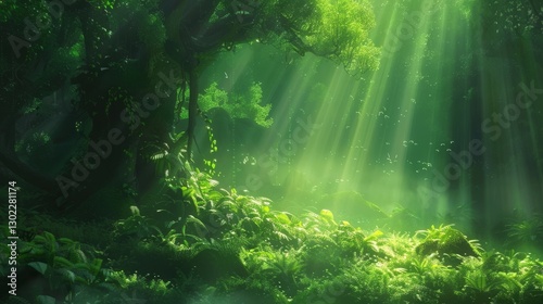 Lush Green Forest with Sunlight Rays in Morning Mist