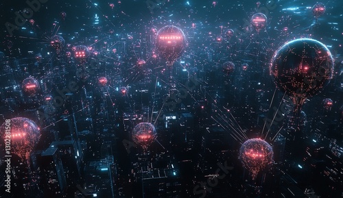 A Futuristic Cityscape Pulsates With Vibrant Energy, Glowing Orbs Connecting In A Dazzling Network Of Light And Data Streams