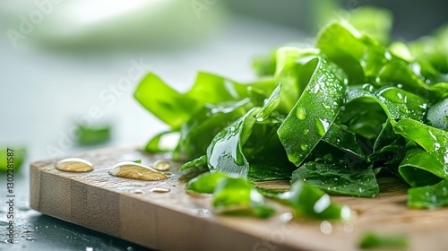a close-up of fresh green seaweed on a wooden cutting board.