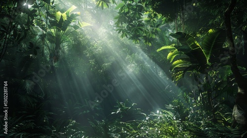 Lush Green Forest with Sunlight Rays in Morning Mist