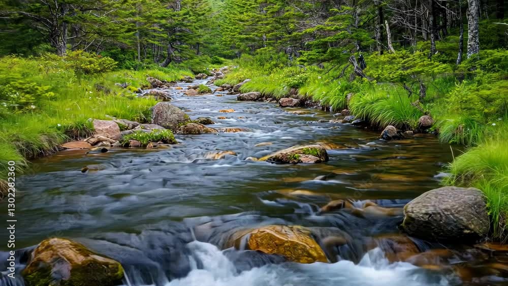 Serene river flowing through lush greenery in a tranquil forest setting with rocks Serene river flowing through lush greenery in a tranquil forest setting with rocks