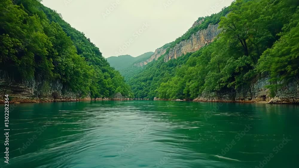 Serene river flowing through lush green mountains under a cloudy sky, ideal for nature exploration Serene river flowing through lush green mountains under a cloudy sky, ideal for nature exploration