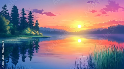 A beautiful sunset illuminates a lake surrounded by trees and grass