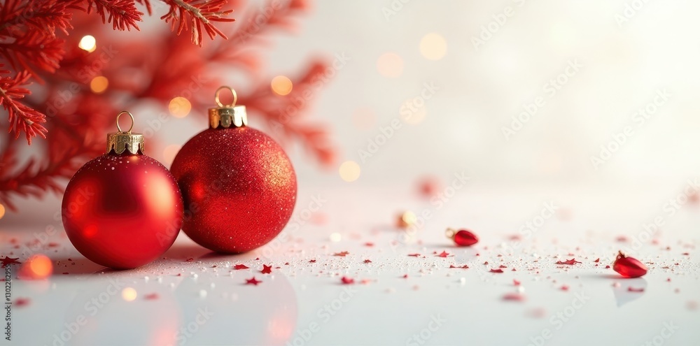 Fototapeta premium Glistening red & gold glass ornaments, white backdrop, shiny, holiday, christmas spirit