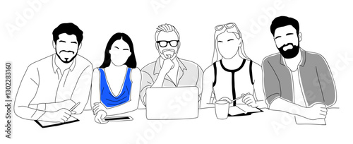 Team work business concept illustrations. Young men and women working together, using laptop and tablet. Modern vector simple outline style for graphic and web design. Isolated