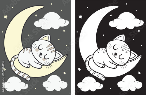 A relaxed kitten napping peacefully on a moon with clouds