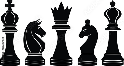 Silhouettes of Chess Pieces King, Queen, Knight, and Others in Black