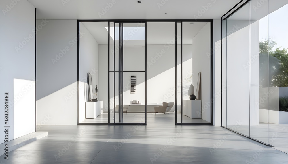 Modern entrance with minimalistic design and natural light in a contemporary interior space Modern entrance with minimalistic design and natural light in a contemporary interior space